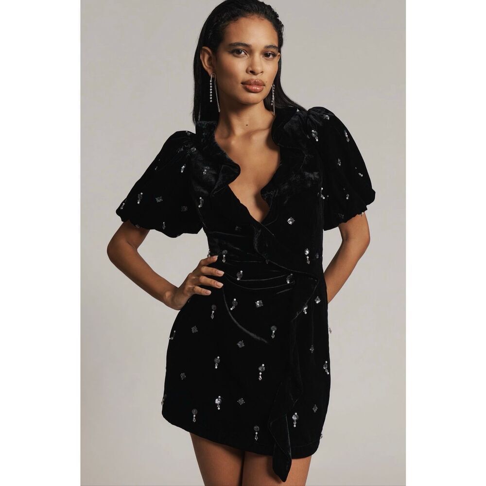 Maeve Short-Sleeve Embellished Velvet Mini Dress